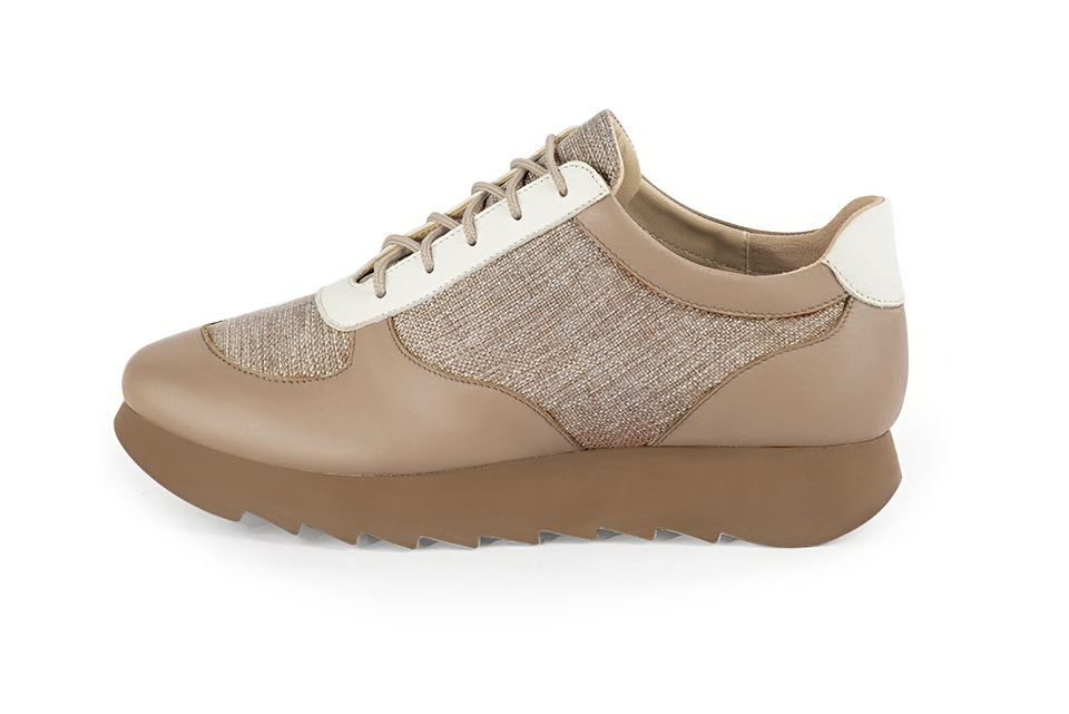 French elegance and refinement for these tan beige and off white three-tone dress sneakers, 
                available in many subtle leather and colour combinations. Nice Sneakers of "Ville". 
Fine and elegant, it will replace a traditional model.
All color combinations are possible, have fun customizing it.  
                Matching clutches for parties, ceremonies and weddings.   
                You can customize these sneakers to perfectly match your tastes or needs, and have a unique model.  
                Choice of leathers, colours, and soles. 
                Wide range of materials and shades carefully chosen.  
                Small and large shoe sizes - Florence KOOIJMAN